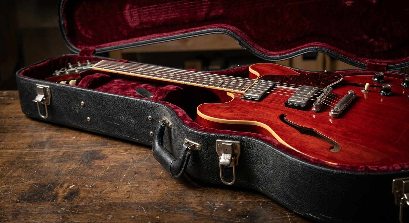 Black fiberglass ES-335 guitar case with semi-hollow guitar inside