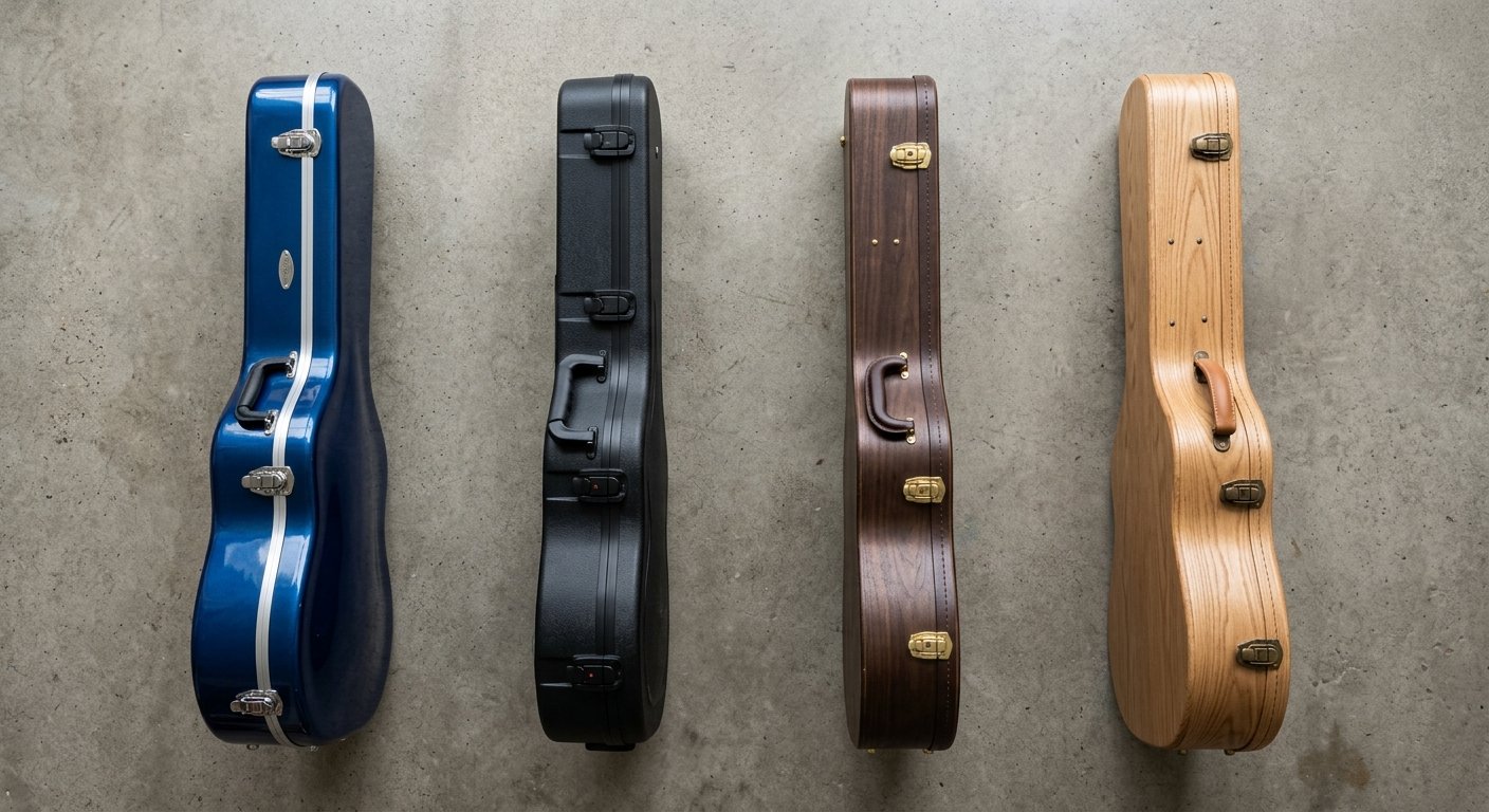 Four 335-shaped guitar cases in fiberglass, ABS, and wood finishes side by side
